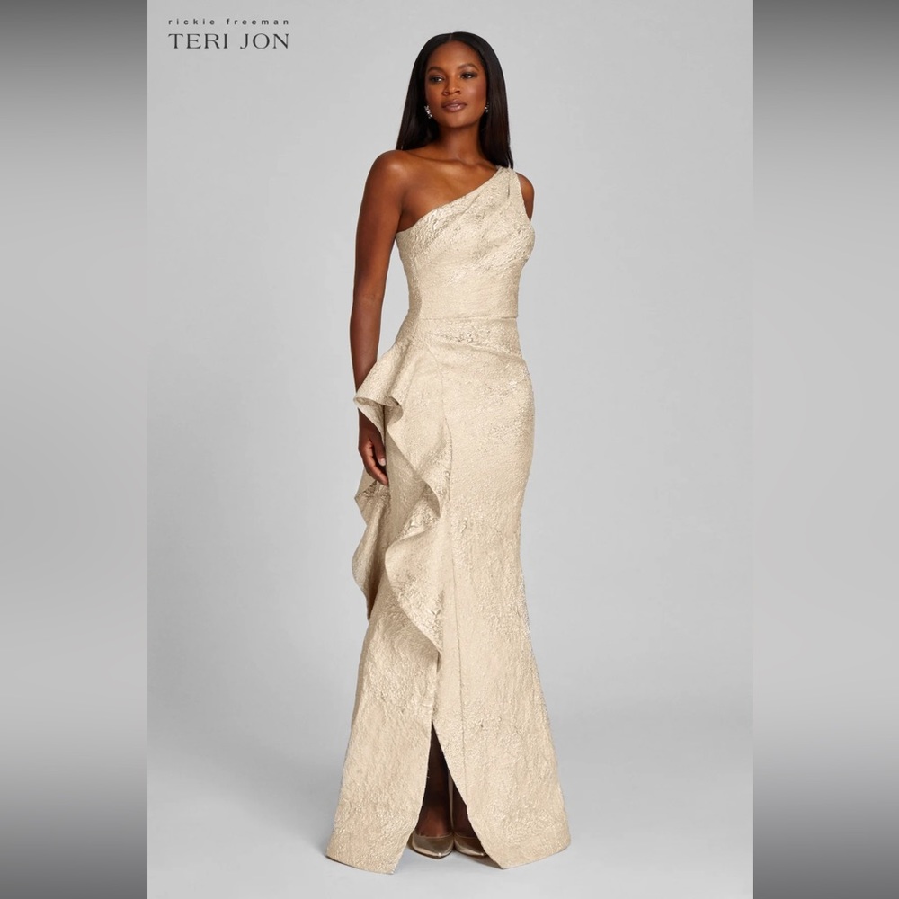 COPY - Teri Jon—Jacquard One Shoulder Side Ruffle Gown